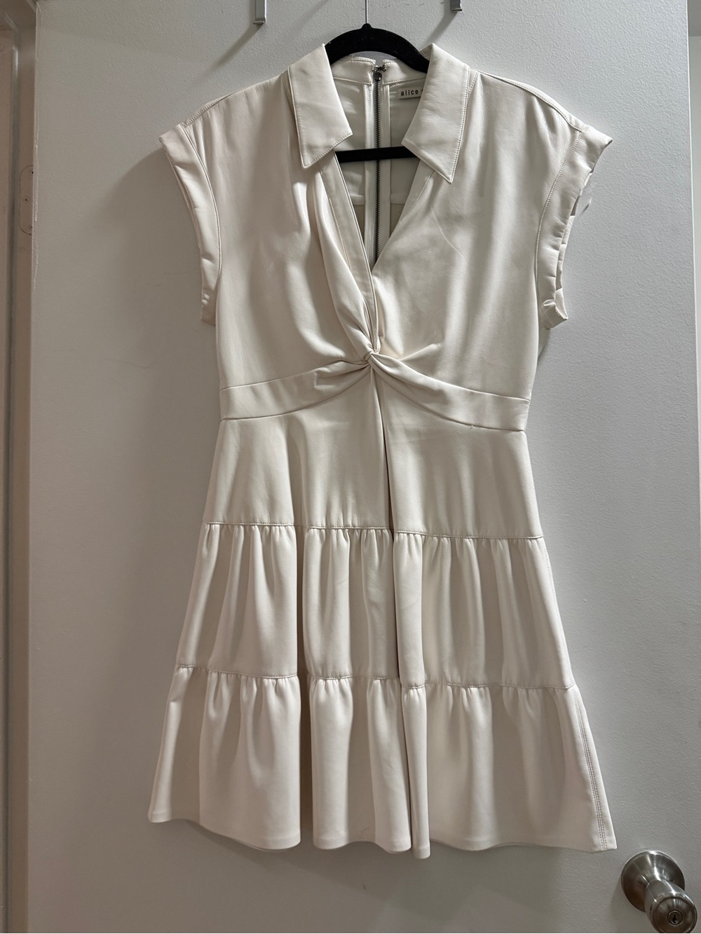 Alice + Olivia Ivory Faux Leather Knot-Front Tiered Mini Dress